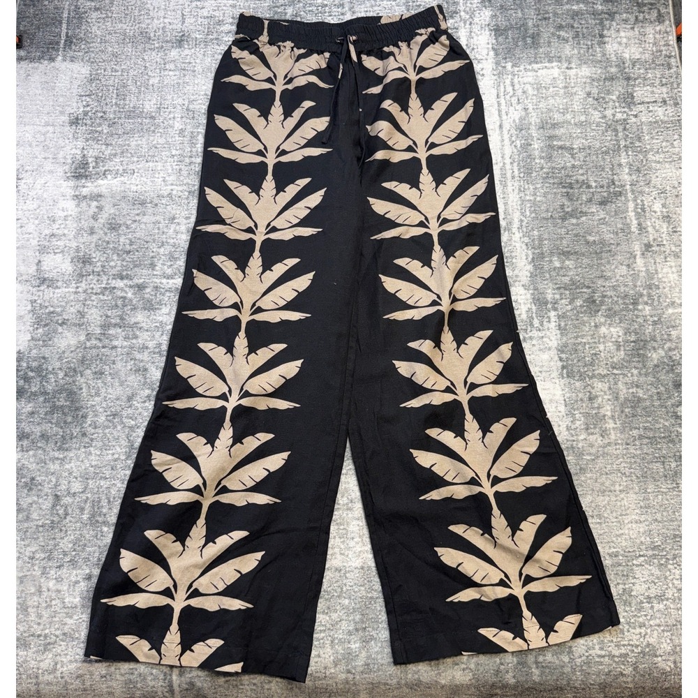 Evereve Linen Pants Womens Medium Dani Wide Leg Pull On Black Floral Resortwear